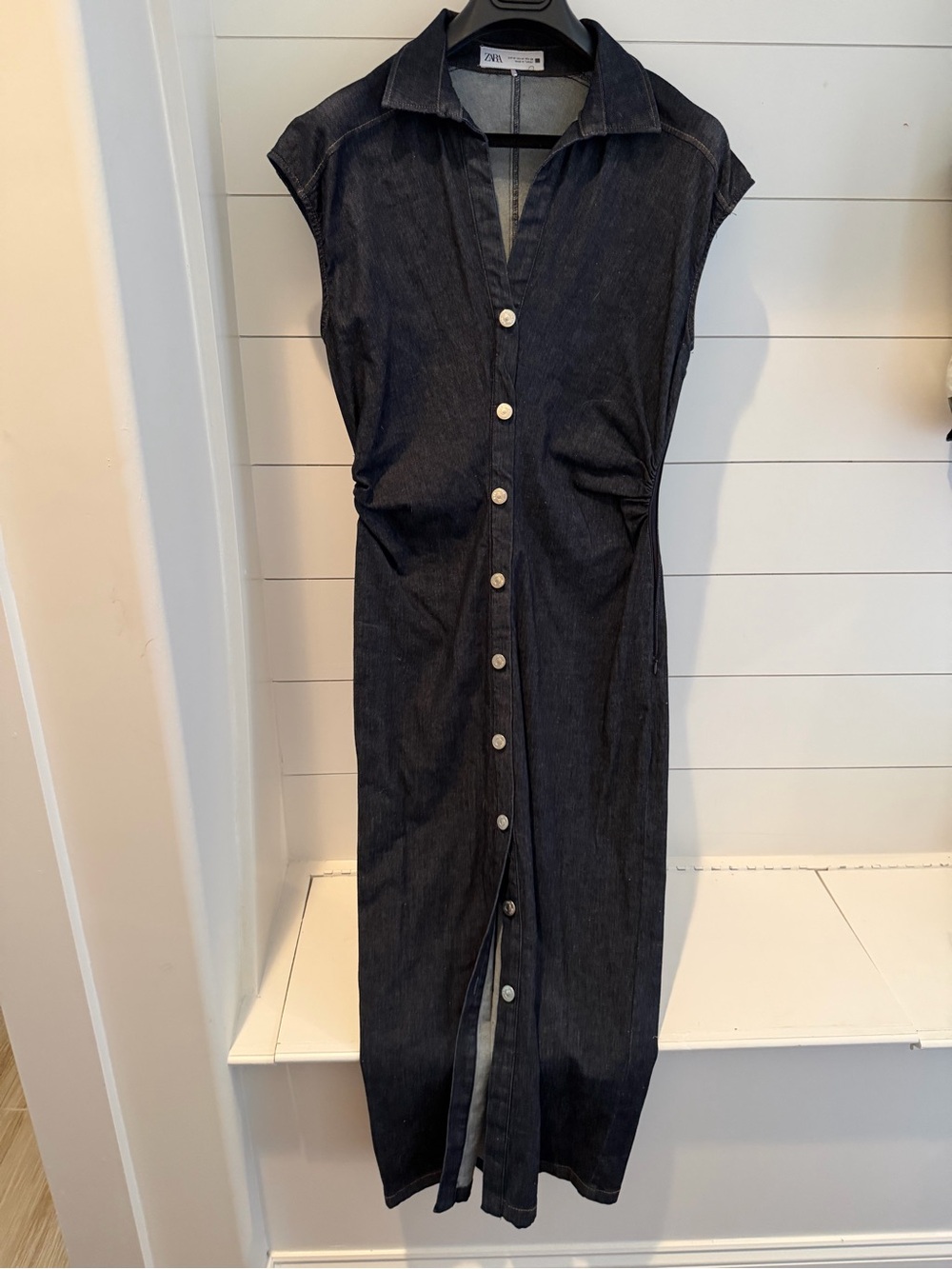 Zara Dark Indigo Button-Front Midi Shirt Dress